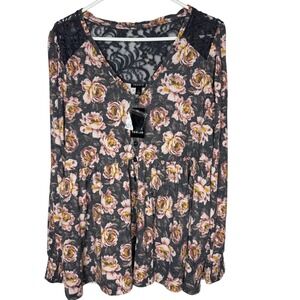 Torrid Women's Floral Blouse Popover Lace Sz 1X Cottagecore Workwear Casual Boho